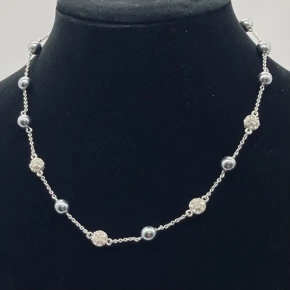 NOLAN MILLER 18” Necklace Silver Tone Gray Faux Round Pearls And Rhinestones - Picture 5 of 5